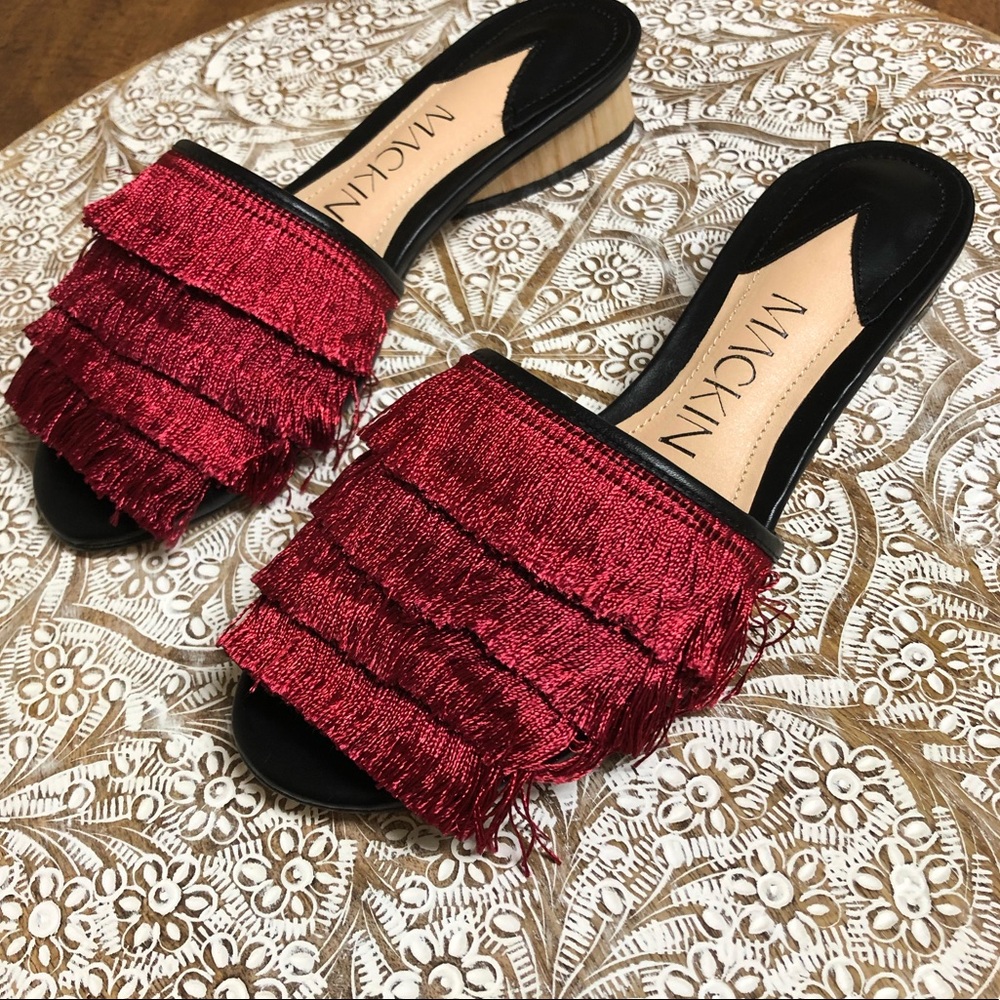Brand New Red & Black Fringe Statement Sandals - Picture 3 of 8